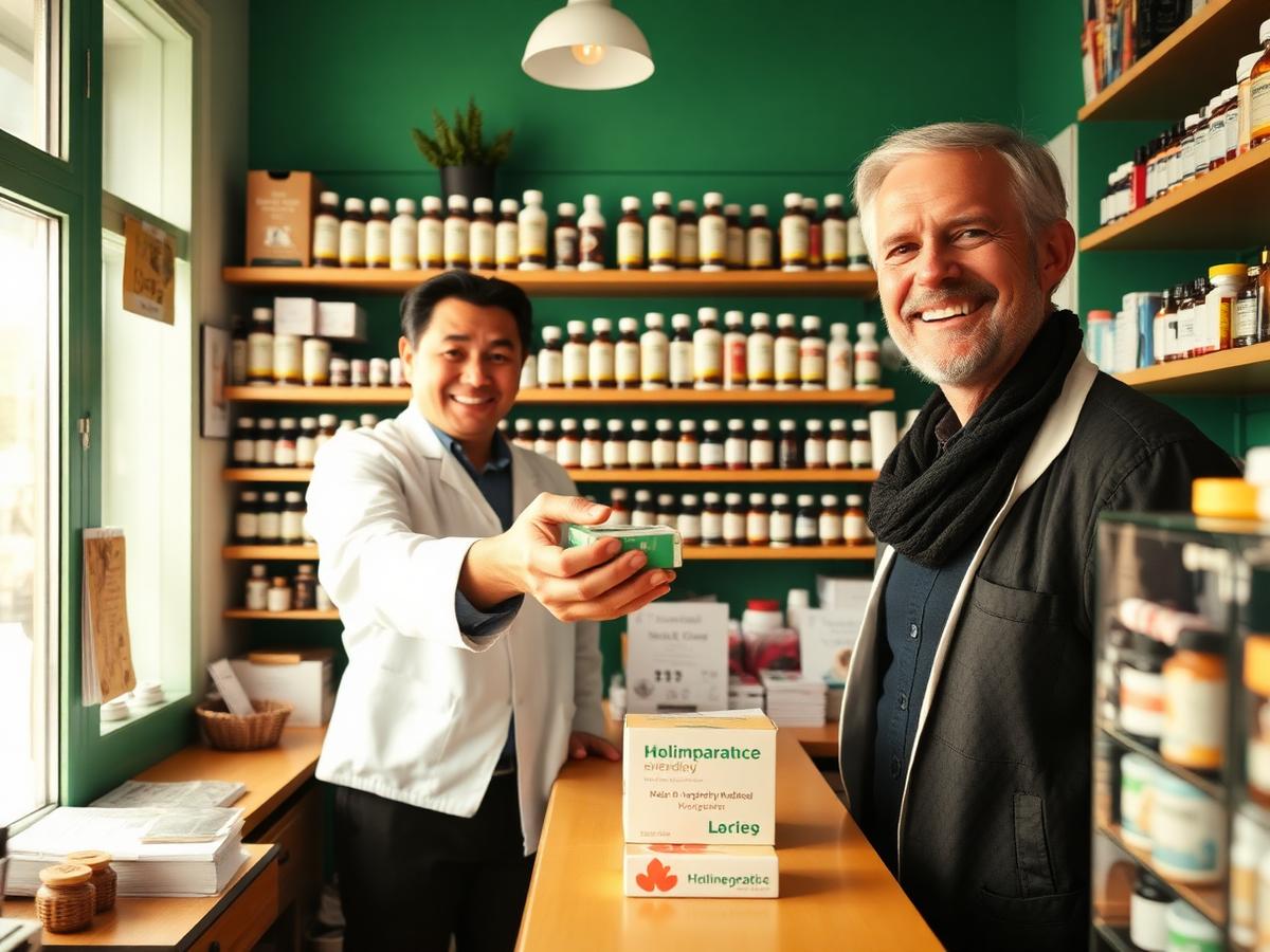 Pharmacist handing homeopathic medicine across the counter